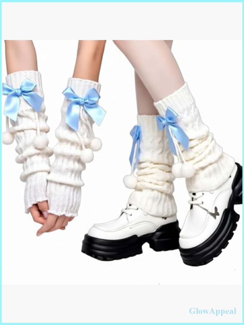 Knit Leg and Arm Warmers Set with Bows and Pom Poms Kawaii Y2K Lolita